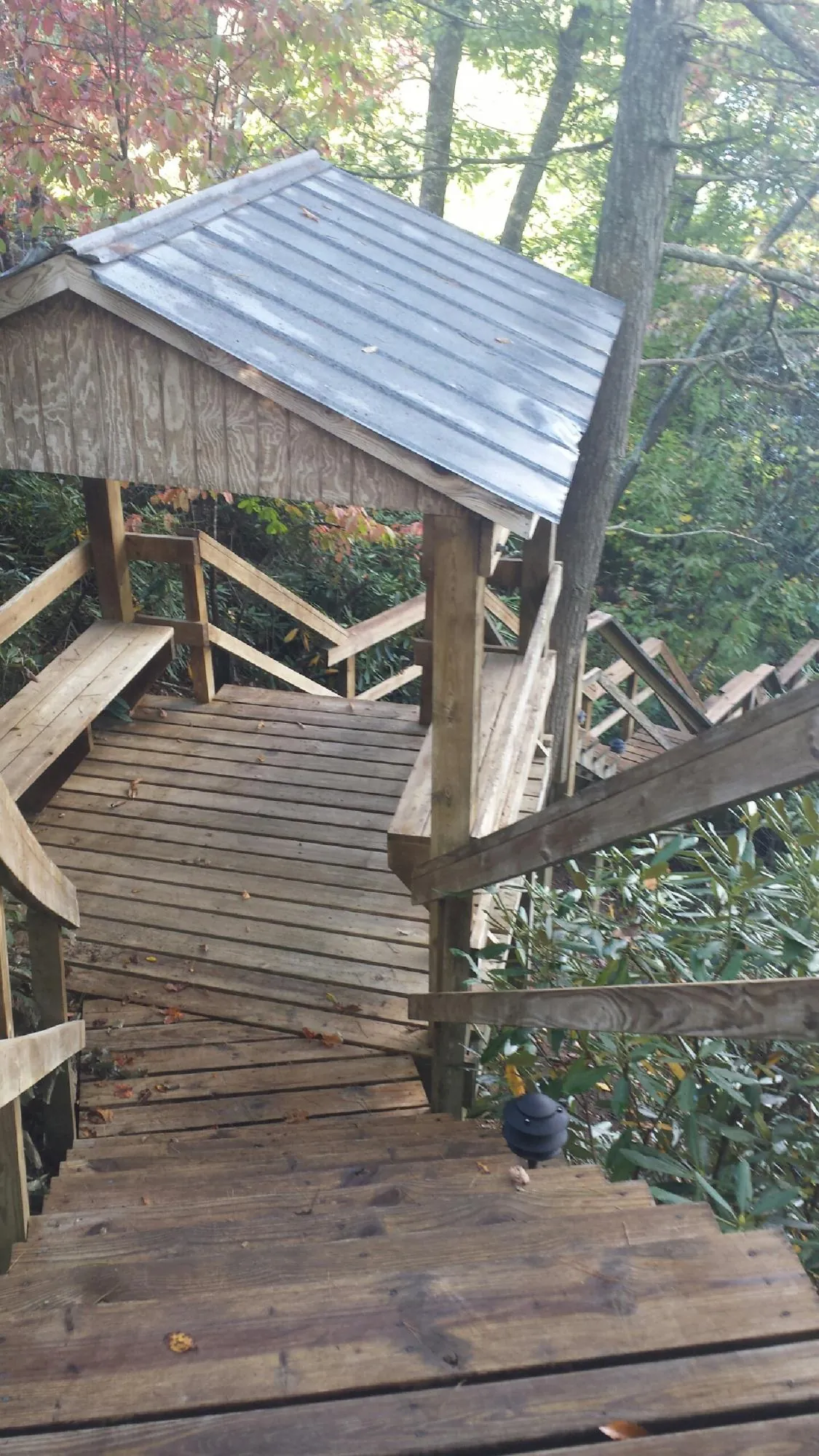 Metal roofed shelter over wooden steps on a wooded walkway — Skylight Repair & Installation work by our crew in Waco